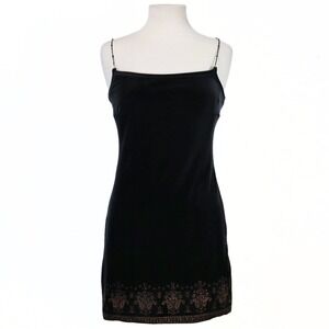 VTG 90s Y2K  Mini Dress Small Ecru Studio Black Velvet Beaded Strap Whimsigoth